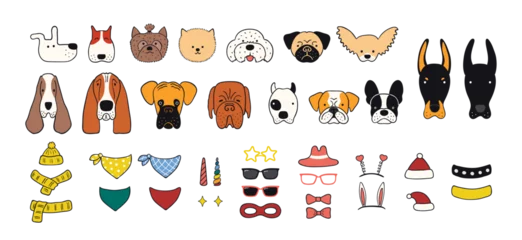 Door stickers Illustrations Cute funny dog faces, accessories clipart collection, isolated. Hand drawn vector illustrations set. Line art. Portrait creator, DIY. Design concept pet food, branding, business, vet, print, poster