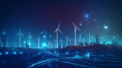 Green energy. Wind farm and solar panels under a beautiful blue sky with a few clouds. Renewable energy generation for environmental conservation concept. Generative AI.