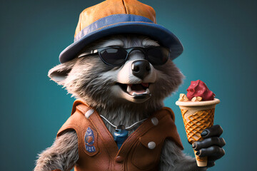 A quirky raccoon wearing a baseball cap and sunglasses, holding a melting ice cream cone in one paw and giving a thumbs up with the other - obrazy, fototapety, plakaty