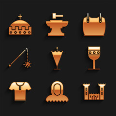 Set Medieval flag, hood, Castle, goblet, Body armor, chained mace ball, and King crown icon. Vector