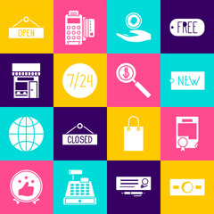 Set Paper money cash, Certificate template, Price tag with text New, Hand holding coin, Clock 24 hours, Shopping building or market store, Hanging sign Open and Magnifying glass dollar icon. Vector