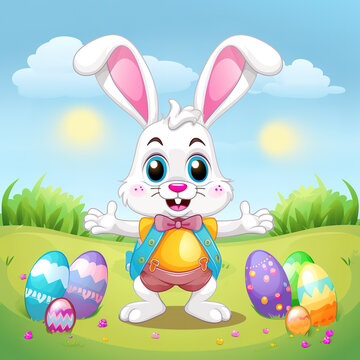 Easter Bunny Egg Hunt: Join the Fun as an Irresistibly Cute Rabbit Hops through a Vibrant Egg-Scattered Landscape - Generative AI