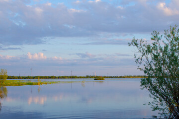 Pink clouds at sunset over a small forest lake