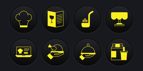 Set Online ordering and delivery, Wooden table, Roasted turkey chicken, Covered with tray of food, Kitchen ladle, Restaurant cafe menu, and Chef hat icon. Vector