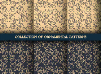 A set of luxurious seamless minimalistic patterns. Golden lines on a dark background and dark lines on a golden background.