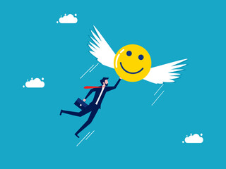 Freedom of thought and happy work. Businessman flying with positive thoughts. business and investment concept vector