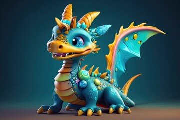 playful toy dragon perched on a table, featuring vibrant blue and orange colors. Generative AI