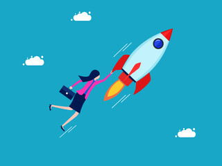 Fototapeta na wymiar Freedom and innovation. Businesswoman clinging to a rocket. business and investment concept vector