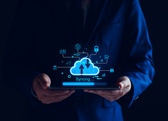 Cloud computing diagram show on virtual screen. Cloud syncing technology. Data storage. Network internet service concept, Big Data, upload, download, database, Information system management technology