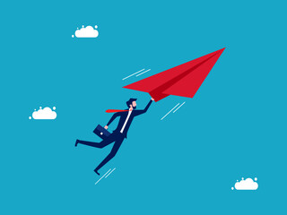 Leadership freedom. Businessman flying with a paper plane. business and investment concept vector