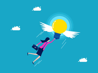 Freedom and creativity. Businesswoman flying with a light bulb. business and investment concept vector