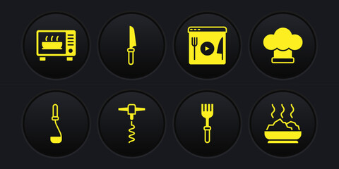 Set Kitchen ladle, Chef hat, Wine corkscrew, Fork, Cooking live streaming, Knife, Bowl of hot soup and Microwave oven icon. Vector