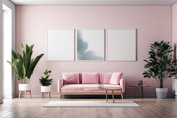 Three empty white posters, a pink comfortable sofa, a coffee table with books and houseplants, and an oak wooden floor may all be found inside a bright gallery space. ideal location for a meeting. a m