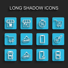 Set line Mobile and shopping cart, Hanging sign with Open door, Market store, Close, Price tag dollar and Smartphone, mobile phone icon. Vector