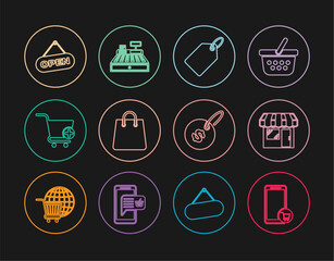 Set line Mobile and shopping cart, Market store, Label template price tag, Handbag, Add Shopping, Hanging sign with Open door, Price dollar and Cash register machine icon. Vector