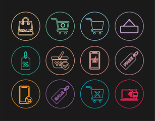 Set line Shopping cart on laptop, Price tag with Free, basket check mark, Discount percent, bag Sale, Mobile and shopping and Refresh icon. Vector