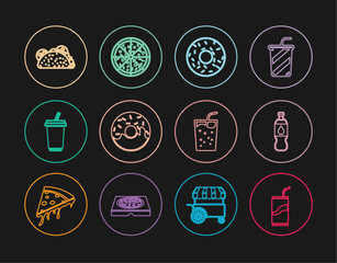 Set line Soda can with drinking straw, Bottle of water, Donut, Glass, Taco tortilla, and Pizza icon. Vector