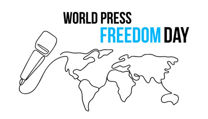 Illustration of microphone and world map for World Press Freedom Day in line art style on white