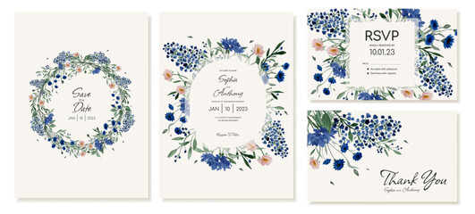 Set of rustic wedding invitations, rsvp and thank you cards with watercolor simple wildflowers in a wreath. Vector