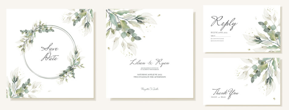 Set of rustic square wedding invitations, rsvp and thank you cards with watercolor green leaves. Vector