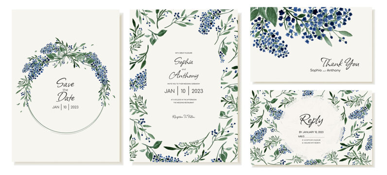 Set of rustic wedding invitations, thank you and rsvp cards with field blue flowers and leaves. Vector template.