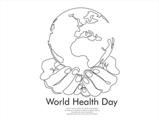 World health day.Single continuous line of hands holding  the globe. Earth globe in human hands.