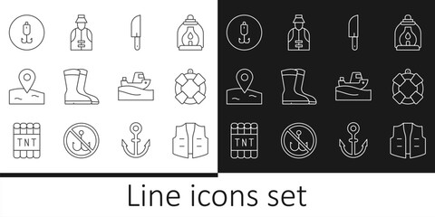 Set line Fishing jacket, Lifebuoy, Knife, boots, Location fishing, hook, boat water and Fisherman icon. Vector