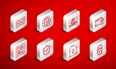 Set line Lock and check mark, Global lockdown, Laptop with exclamation, Folder, House under protection, Firewall, security wall, Shield and Graphic password icon. Vector