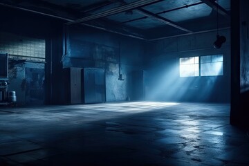 dimly lit room with a beam of light shining through a window. Generative AI