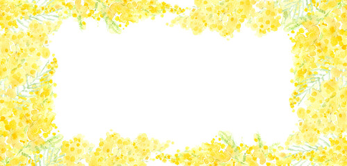  Luxury design with mimosa and  watercolor splash. Template design for text, packaging and prints. Mimosa frame on white background.