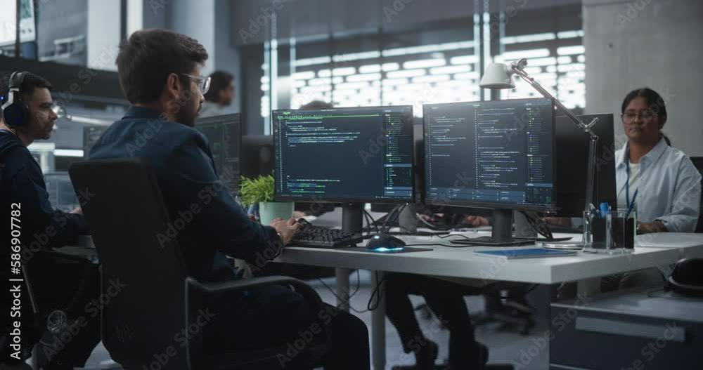 Poster Group of Empowered Multicultural Men and Women Working in a Research Center, Using Computers to Run Advanced Software, Develop Artificial Intelligence Interface and Neural Network Blockchain