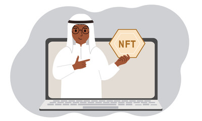 NFT concept. A laptop in which a muslim man with the image of NFT in the palm of his hand. Auction of non-fungible tokens, markets, online education.