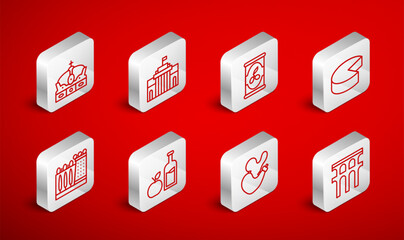 Set line Aqueduct of Segovia, Prado museum, Olives in can, Cheese, Spanish wineskin, Crown spain, Apple cider bottle and Dali icon. Vector