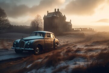 Fototapeta na wymiar Vintage car in a winters countryside setting with snow and old castle ruins.