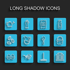 Set line Chicken egg in box, Wheelbarrow with dirt, Watering can, Garden rake, Granary, Jug glass milk, Basket and Shovel icon. Vector