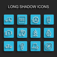 Set line Electric car, Light bulb with leaf, Nuclear power plant, plug, Water energy and tower icon. Vector