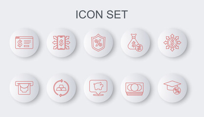 Set line Graduation cap and coin, ATM money, Loan percent, Stacks paper cash, Online banking with dollar, Smartphone, Gold bars and Piggy icon. Vector