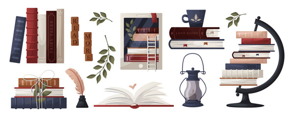 Set of stack of books, globe, inkwell quill, plant, lantern, ebook, cup tea. World book day. Bookstore, bookshop, library, book lover, bibliophile, education. Vector for poster, cover, advertising © roroiisha