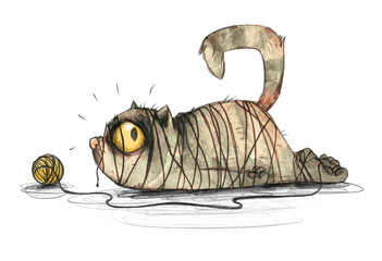 Farbige Bleistiftzeichnung einer niedlichen Katze, die in ihrem Wollknäuel verstrickt, verheddert, gefesselt und gefangen am Boden liegt - obrazy, fototapety, plakaty