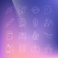 Set line Heart with cross, No pipe smoking, Hypnosis, Throat cancer, Cigarette, Candy and Death from icon. Vector