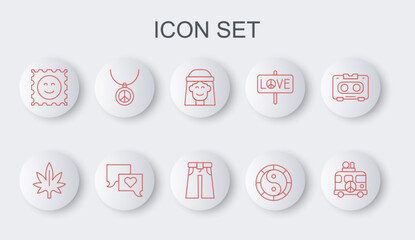 Set line Hippie camper van, Marijuana, girl, Yin Yang symbol, LSD acid mark, Necklace with peace, Speech bubble chat and Jeans wide icon. Vector