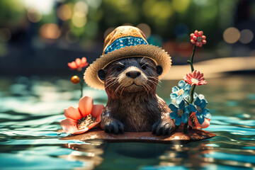 A cute otter wearing a flowery summer hat and sunglasses, floating on its back in a river while holding a popsicle and looking adorable