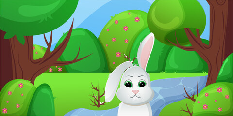Spring landscape. Forest field. Forest with flowers. pink flowers. White rabbit in the spring forest. Rabbit in the meadow. Vector flat illustration копия