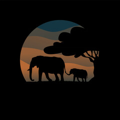 Fototapeta na wymiar silhouette of elephant and its calf with beautiful savanna background