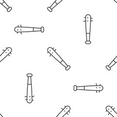 Grey line Baseball bat with nails icon isolated seamless pattern on white background. Violent weapon. Vector