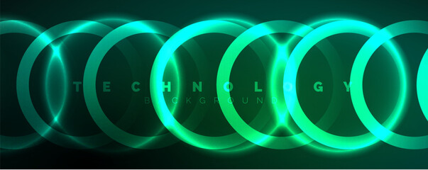 Neon glowing circles and round shape lines, magic energy space light concept, abstract background wallpaper design