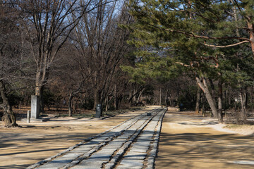 Jongmyo Shrine Confucian shrine dedicated to the oldest royal Confucian shrine and the ritual ceremonies during winter afternoon at Jongno , Seoul South Korea : 3 February 2023