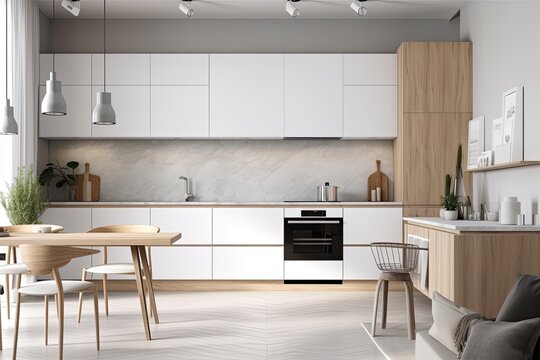 interior wall mockup of a contemporary light kitchen,. Generative AI