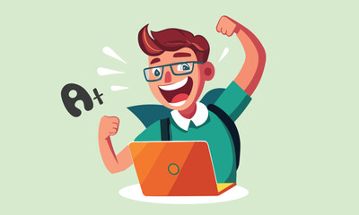 Happy Boy Pass in Online Exam on Laptop got A Plus wearing Glass