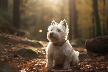 Westie. Highland West Standing in the dawning sun is a white terrier. White dog in portrait mode. Generative AI